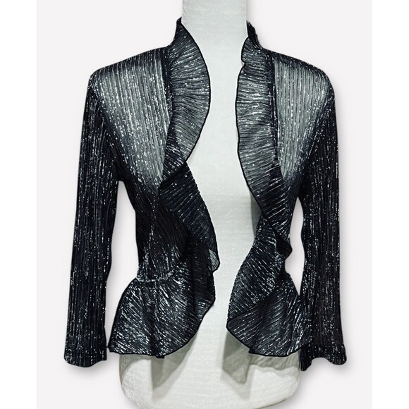 VTG Open Front Ruffled Dress Jacket Sheer Black Metallic Silver Stripe Sz Small - Picture 1 of 8